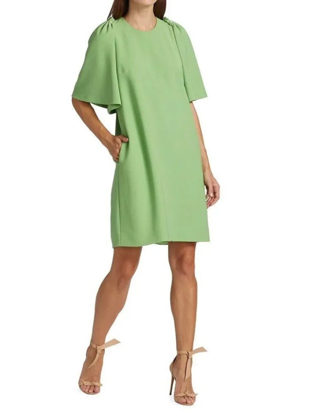 Lela Rose Crepe Tunic Dress | Faux Pearl Shoulder Accent Short Sleeve Round Neck